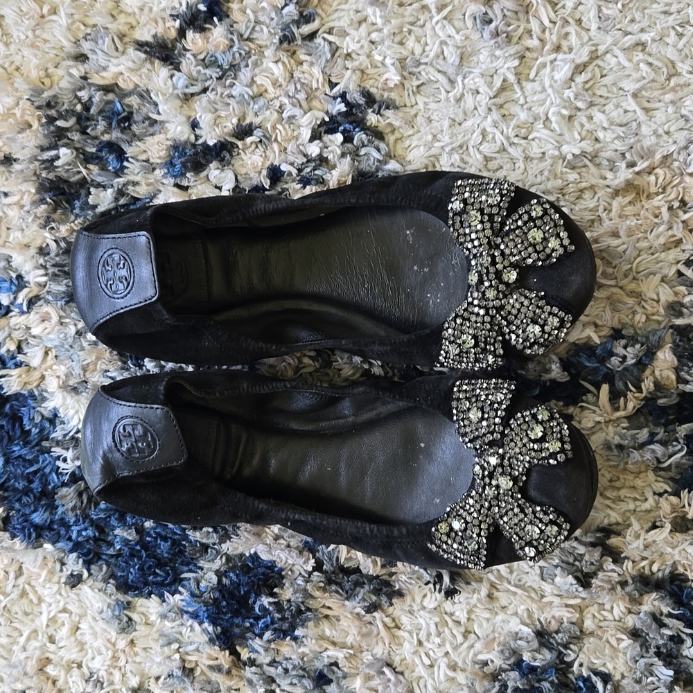 Tory Burch Black Ballet Leather Flats Bedazzled Bow US Size 8.5